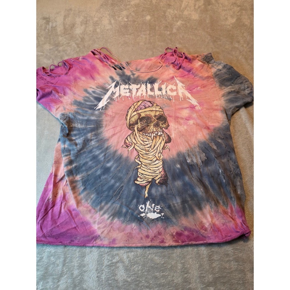 Metallica Graphic T-Shirt Women Large Pink Blue Tie Dye Distressed One Skull